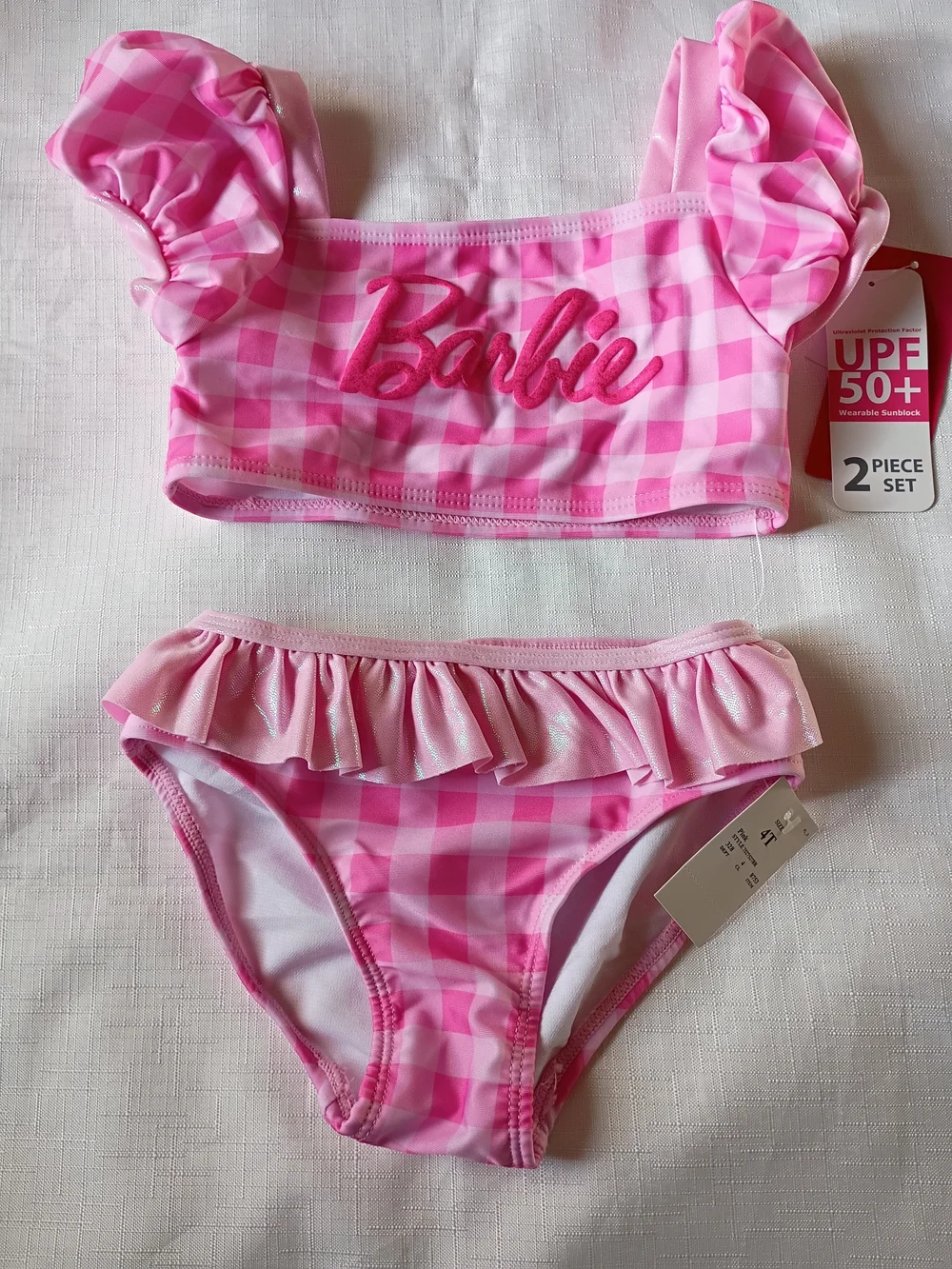 Barbie Girl's Pink Gingham Ruffle Two-Piece Swim Set Bikini Tankini Size 4